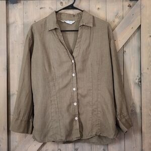 Liz & Jane 100% Linen Button Down Top Large Olive Green